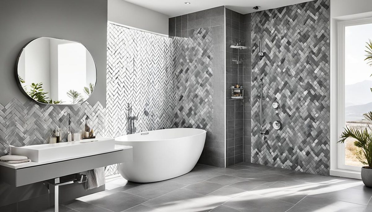 Hexagon tiles and herringbone pattern in a modern bathroom design