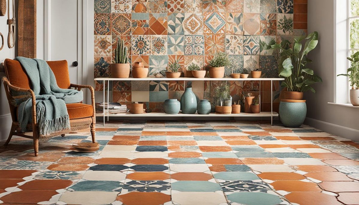 Mismatched patterned tiles creating an eclectic Boho feel