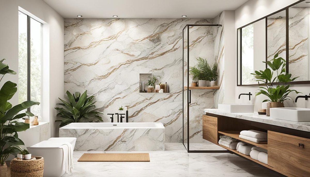 Natural stone and marble-look tiles in a luxurious bathroom