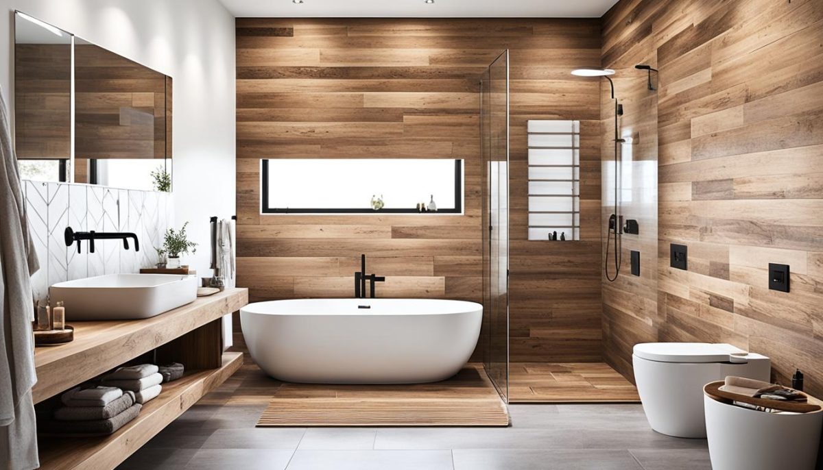 Timber-look tiles in a modern bathroom