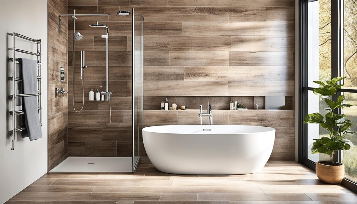 Wood-look ceramic tiles in a bathroom